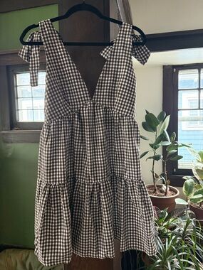 Brown and White Gingham Tie-Strap Sundress